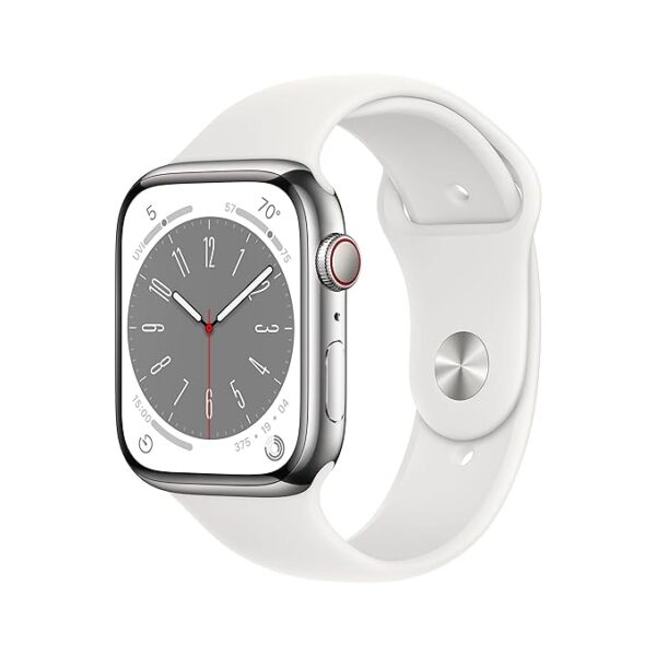 Apple Watch Series 8 [GPS + Cellular 45 mm] smart watch w/Silver Stainless Steel Case with White Sport Band. Fitness Tracker, Blood Oxygen & ECG Apps, Always- On Retina Display, Water Resistant